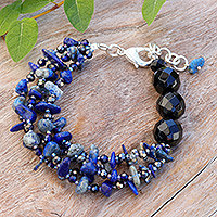 Lapis lazuli beaded strand bracelet, 'True Jewels' - Blue-Toned Lapis Lazuli and Glass Beaded Strand Bracelet