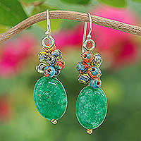 Quartz, glass and resin cluster earrings, 'Glamorous Green' - Green Quartz Glass and Resin Beaded Cluster Earrings