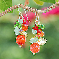 Multi-gemstone cluster earrings, 'Orange and Green Glam' - Chalcedony Citrine Quartz and Glass Beaded Cluster Earrings