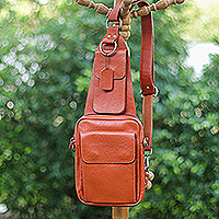Leather backpack sling, 'Traveler Essence' - Adjustable 100% Brown Leather Backpack Sling from Thailand