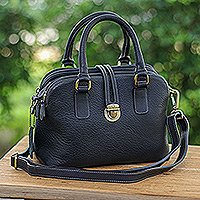 Leather handbag, 'Empress of the Night' - 100% Black Leather Handbag with Detachable Adjustable Strap
