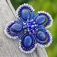 Howlite and glass beaded brooch pin, 'Spring in Dreams' - Handmade Floral Dark Blue Howlite and Glass Bead Brooch Pin