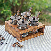 Wood and glass condiment set, 'Touch of Spice' (13 pieces) - Square Wood and Glass Condiment Set (13 Pieces)