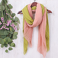 Cotton scarves, 'Cozy Spring' (set of 2) - Set of 2 Lightweight Cotton Scarves in Peridot and Salmon