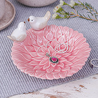Ceramic catchall, 'Sweet Birds' - Handcrafted Bird-Themed Floral Pink Ceramic Catchall