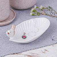 Ceramic catchall, 'Chants of Peace' - Handcrafted Bird-Themed Leaf-Shaped White Ceramic Catchall