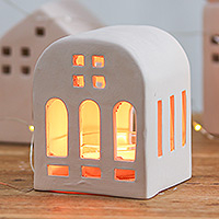 Ceramic tealight holder, 'Minimalist House' - House-Shaped Ceramic Tealight Holder in Pink from Thailand