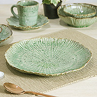 Celadon ceramic dinner plate, 'Lotus Table' - Lotus-Inspired Speckled Green Celadon Ceramic Dinner Plate