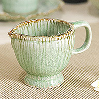 Celadon ceramic cruet, 'Delightful in Green' - Handcrafted Green Celadon Ceramic Cruet with Crackled Finish