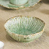 Celadon ceramic dessert bowl, 'Lotus Table' - Lotus-Inspired Speckled Green Celadon Ceramic Dessert Bowl