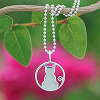 Sterling silver pendant necklace, 'Moony Cat' - High-Polished Cat and Moon-Themed Sterling Silver Necklace