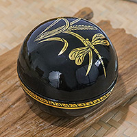 Wood decorative box, 'Thai Nature' - Lacquered Nature-Themed Round Mango Wood Decorative Box