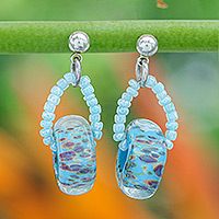 Blown glass beaded dangle earrings, 'Dazzling Beauty' - Square Blue and Brown Handblown Glass Beaded Dangle Earrings