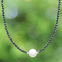 Cultured pearl and spinel pendant necklace, 'Black and White Magic' - Thai Spinel Beaded Necklace with Cultured Pearl Pendant