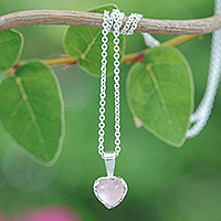Rose quartz pendant necklace, 'Heart of Kindness' - Heart-Shaped Rose Quartz Cabochon Pendant Necklace