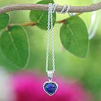 Lapis lazuli pendant necklace, 'Heart of Truth' - Heart-Shaped Lapis Lazuli Cabochon Pendant Necklace