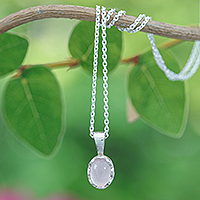 Rose quartz pendant necklace, 'Compassionate Light' - Polished Floral Rose Quartz Cabochon Pendant Necklace