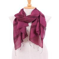 Hand-dyed cotton and silk blend scarf, 'Bordeaux Touch' - Striped Bordeaux Cotton and Silk Blend Scarf with Fringes