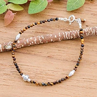 Tiger's eye beaded bracelet, 'Good Vibrations in Brown' - Hill Tribe-Inspired Tiger's Eye and Silver Beaded Bracelet