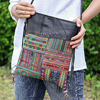 Leather-accented cotton blend sling bag, 'Perfect Patchwork' - Hill Tribe Patchwork Leather-Accented Cotton Blend Sling Bag