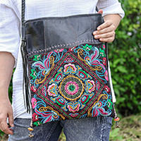 Leather-accented cotton sling bag, 'Divine Garden' - Floral-Themed Embroidered Leather-Accented Cotton Sling Bag