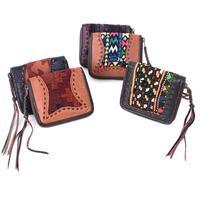 Leather and cotton wallet, 'Folk Art Charm' - Hill Tribe Woven Embroidered Leather Cotton Bi-Fold Wallet