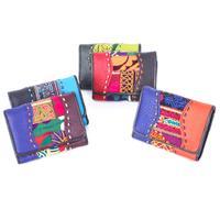 Leather and cotton wallet, 'Dazzling Dream' - Hill Tribe Patchwork Embroidered Woven Leather Cotton Wallet