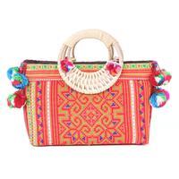 Cotton and natural fiber blend handle bag, 'Hmong Evening' - Folk Art-Themed Orange Cotton and Natural Fiber Handle Bag