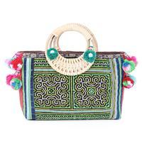 Cotton and natural fiber blend handle bag, 'Hmong Harmony' - Thai Traditional Green Cotton and Natural Fiber Handle Bag