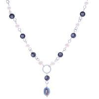 Cultured pearl and hematite Y necklace, 'Contrasting Glow' - Cultured Pearl Hematite Sterling Silver Y Pendant Necklace