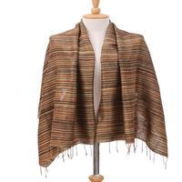 Batik silk scarf, 'Bold Ochre' - Batik Handwoven Striped Fringed Silk Scarf in Earthy Hues