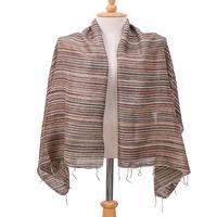 Batik silk scarf, 'Bold Khaki' - Batik Hand-Loomed 100% Silk Scarf with Stripes and Fringes