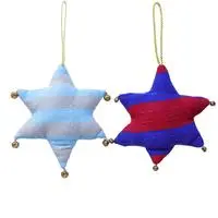 Rayon ornaments, 'Starry Paths' (set of 2) - Star-Shaped 2-Piece Striped Rayon Ornament Set with Bells