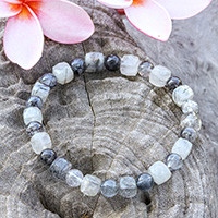 Quartz beaded stretch bracelet, 'Sleek Flair' - Rutilated Quartz Stretch Bracelet with Black Inclusions