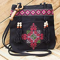 Cotton shoulder bag, 'Mountain Signals' - Hill Tribe Embroidered Cotton Shoulder Bag