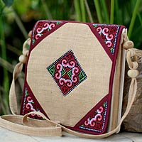 Hemp shoulder bag, 'Chiang Kong' - Hand Crafted Hill Tribe Embroidered Hemp Shoulder Bag