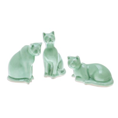 Green Celadon Ceramic Cat Figurines (Set of 3)