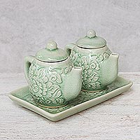 Celadon ceramic cruet set, 'Inseparable' - Thai Celadon Ceramic Cruet Set (Pair)