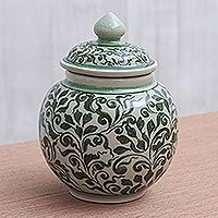 Celadon ceramic jar, 'Vegetation' - Celadon Ceramic Jar with Lid