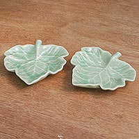 Celadon ceramic dishes Tam Lung Leaf pair Thailand