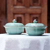 Celadon ceramic bowls with lids Lotus Leaves pair Thailand