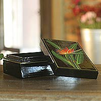 Lacquered wood box Bird of Paradise Thailand