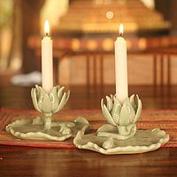 Celadon ceramic candleholders,