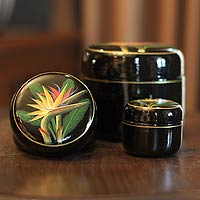 Lacquered wood boxes Birds of Paradise set of 3 Thailand