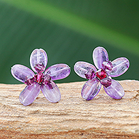 Amethyst button earrings Peace Flower Thailand