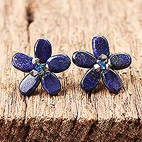 Lapis lazuli button earrings Blue Flower Thailand