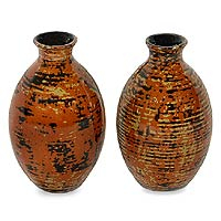 Lacquered decorative bamboo vases, 'Summer Storm' (pair) - Lacquered bamboo vases (Pair)