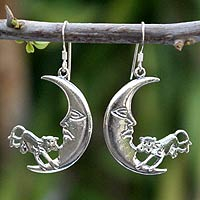 Sterling silver dangle earrings, 'Cow in the Moon' - Handmade Sterling Silver Dangle Earrings