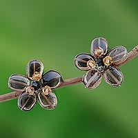 Quartz button earrings Smoky Flower Thailand