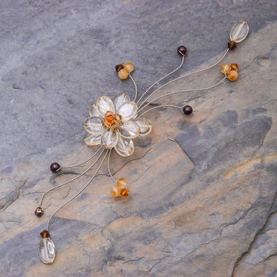 Citrine and garnet brooch pin, 'Yellow Bouquet' - Citrine and Garnet Beaded Brooch Pin